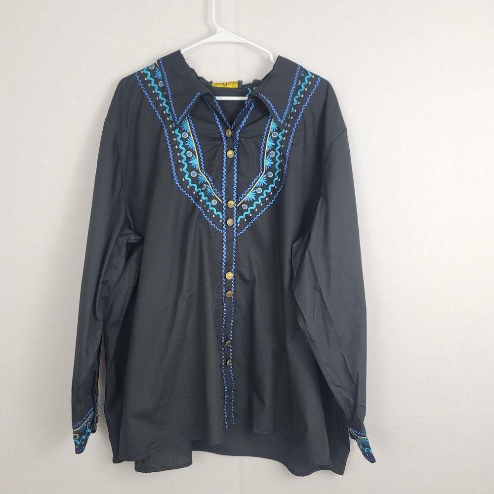 NWT Bob Mackie Wearable Art Floral Blue Embroidery Long Sleeve Black 3x Blouse